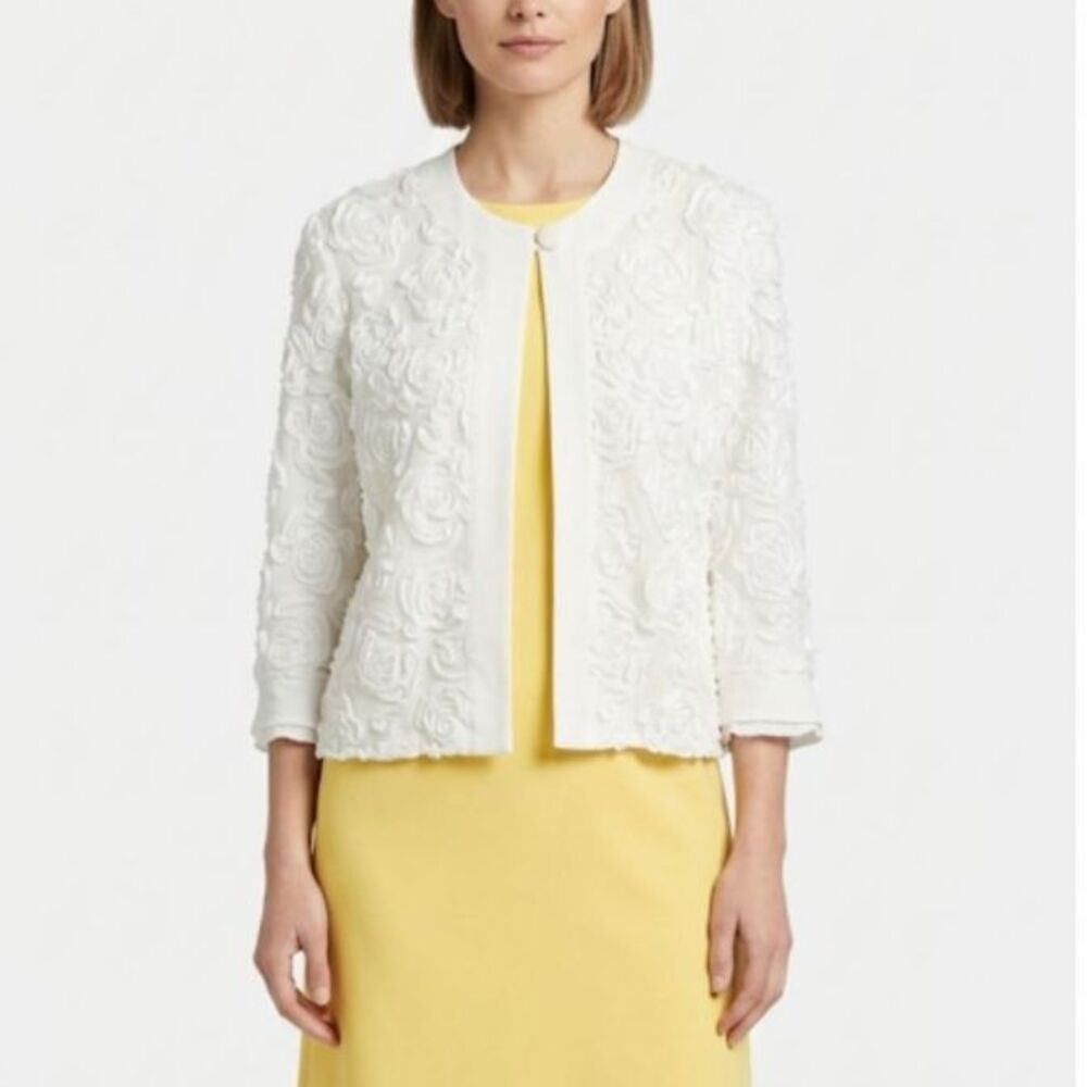 Bleu Bayou Women's White 3D Chiffon Rose Single Button LS Dressy Jacket Size M